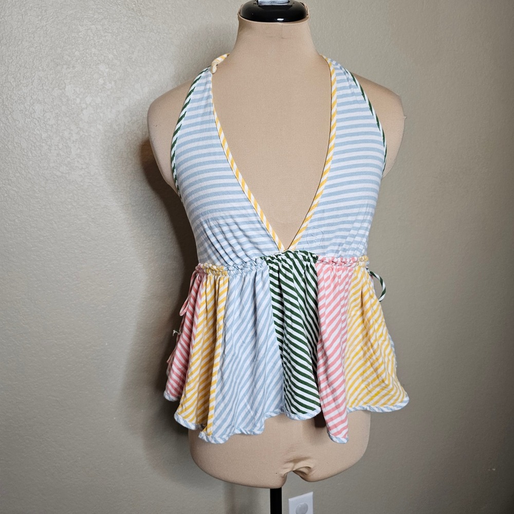 Anthropologie Mixed Stripe Ruffle Halter Tank Top Multi Color Size Medium - Picture 2 of 9